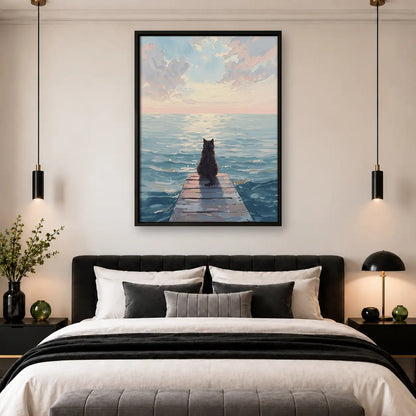Black Cat on Quiet Ocean Pier Wall Art 4