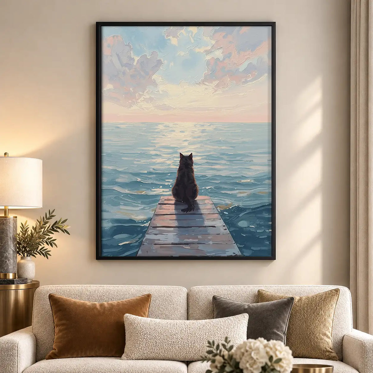 Black Cat on Quiet Ocean Pier Wall Art 5