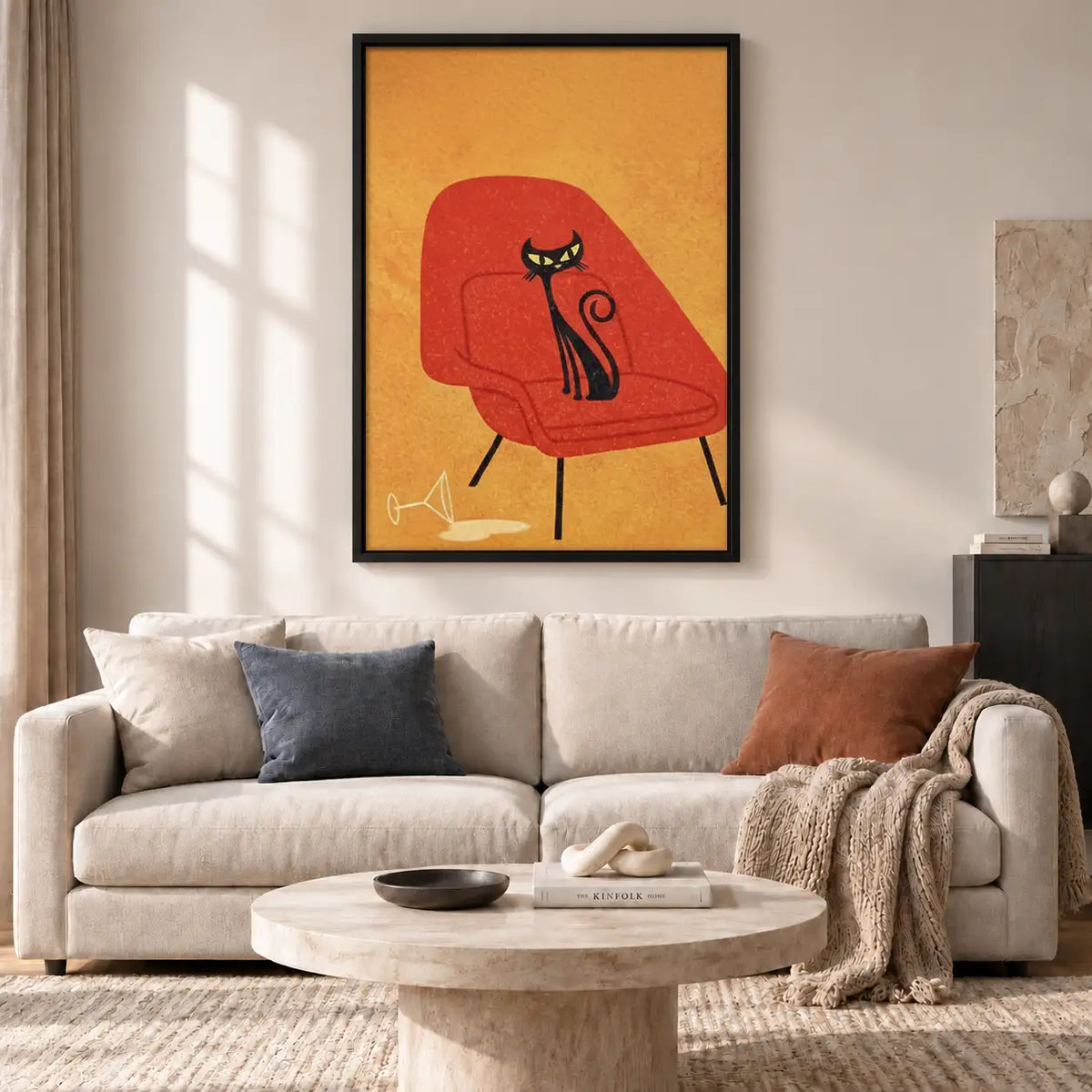 Black Cat on Red Lounge Chair Wall Art 2