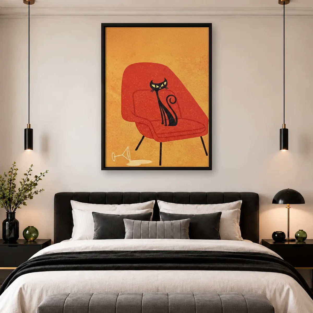 Black Cat on Red Lounge Chair Wall Art 4