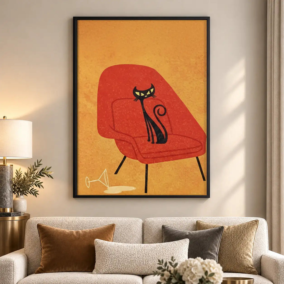 Black Cat on Red Lounge Chair Wall Art 5