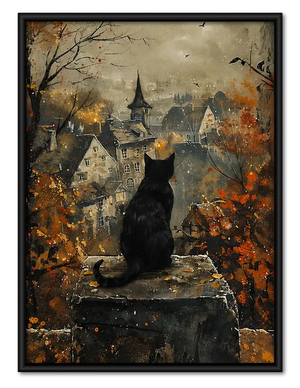Black Cat over Gothic Town Wall Art