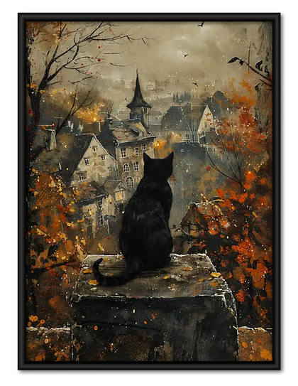 Black Cat over Gothic Town Wall Art