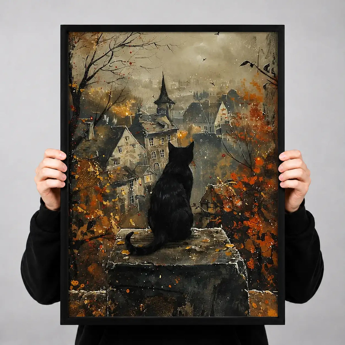 Black Cat over Gothic Town Wall Art 3