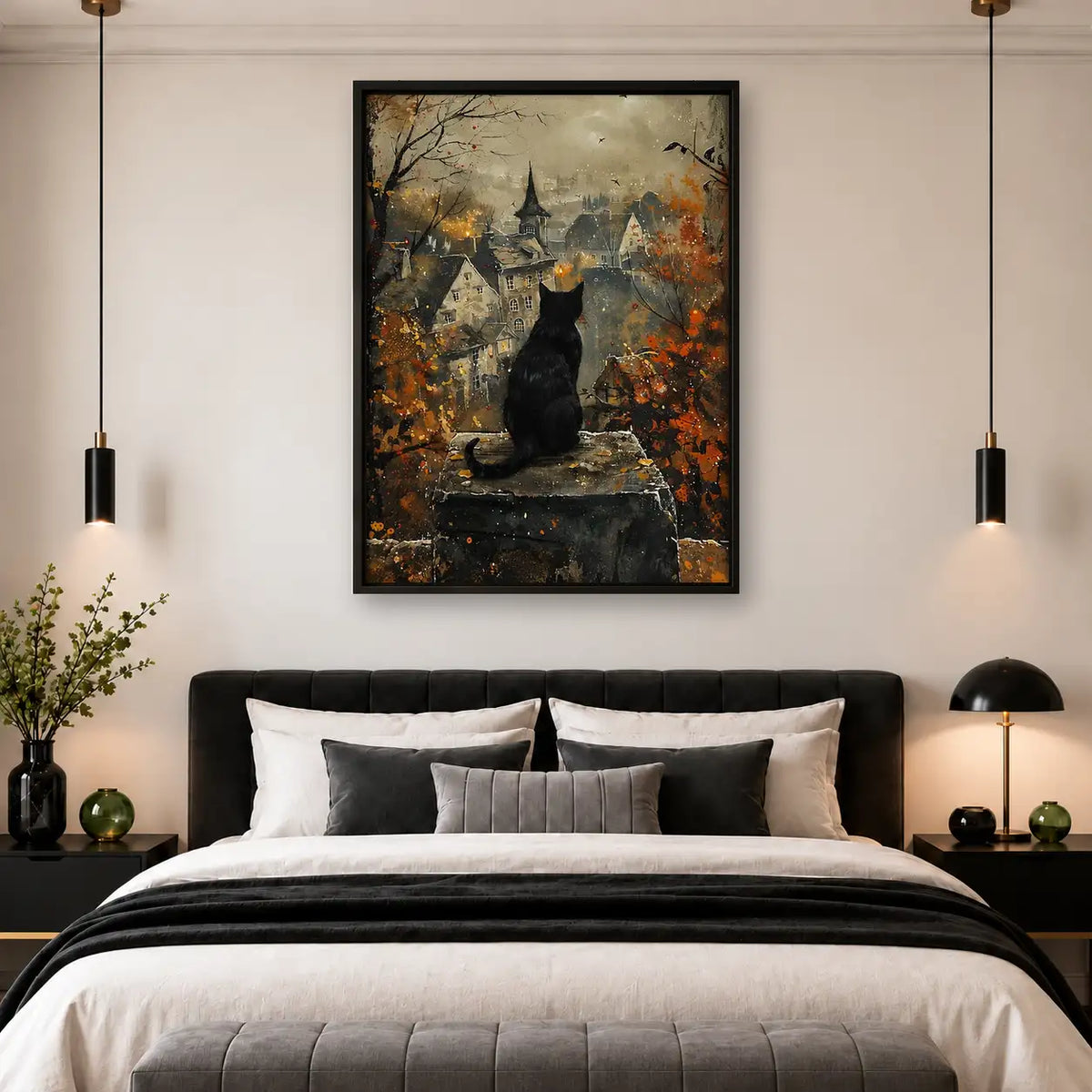 Black Cat over Gothic Town Wall Art 4