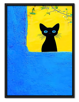 Black Cat Peeking from Blue Window Wall Art