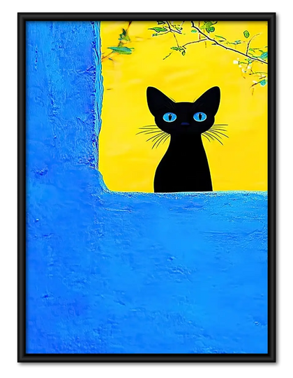 Black Cat Peeking from Blue Window Wall Art