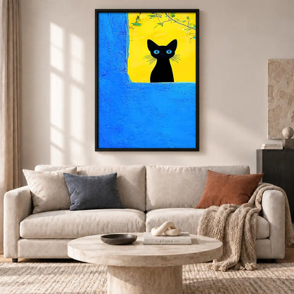 Black Cat Peeking from Blue Window Wall Art 2