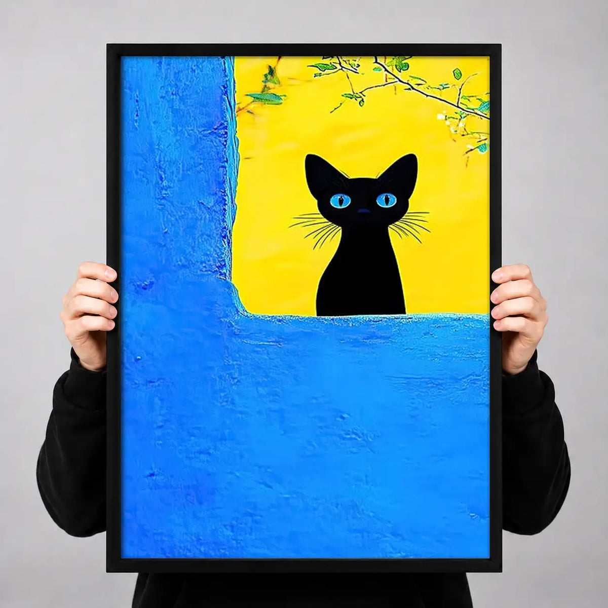 Black Cat Peeking from Blue Window Wall Art 3