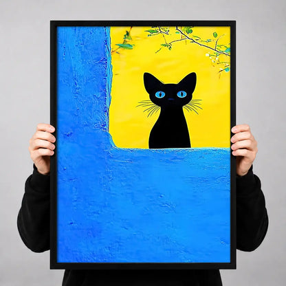 Black Cat Peeking from Blue Window Wall Art 3