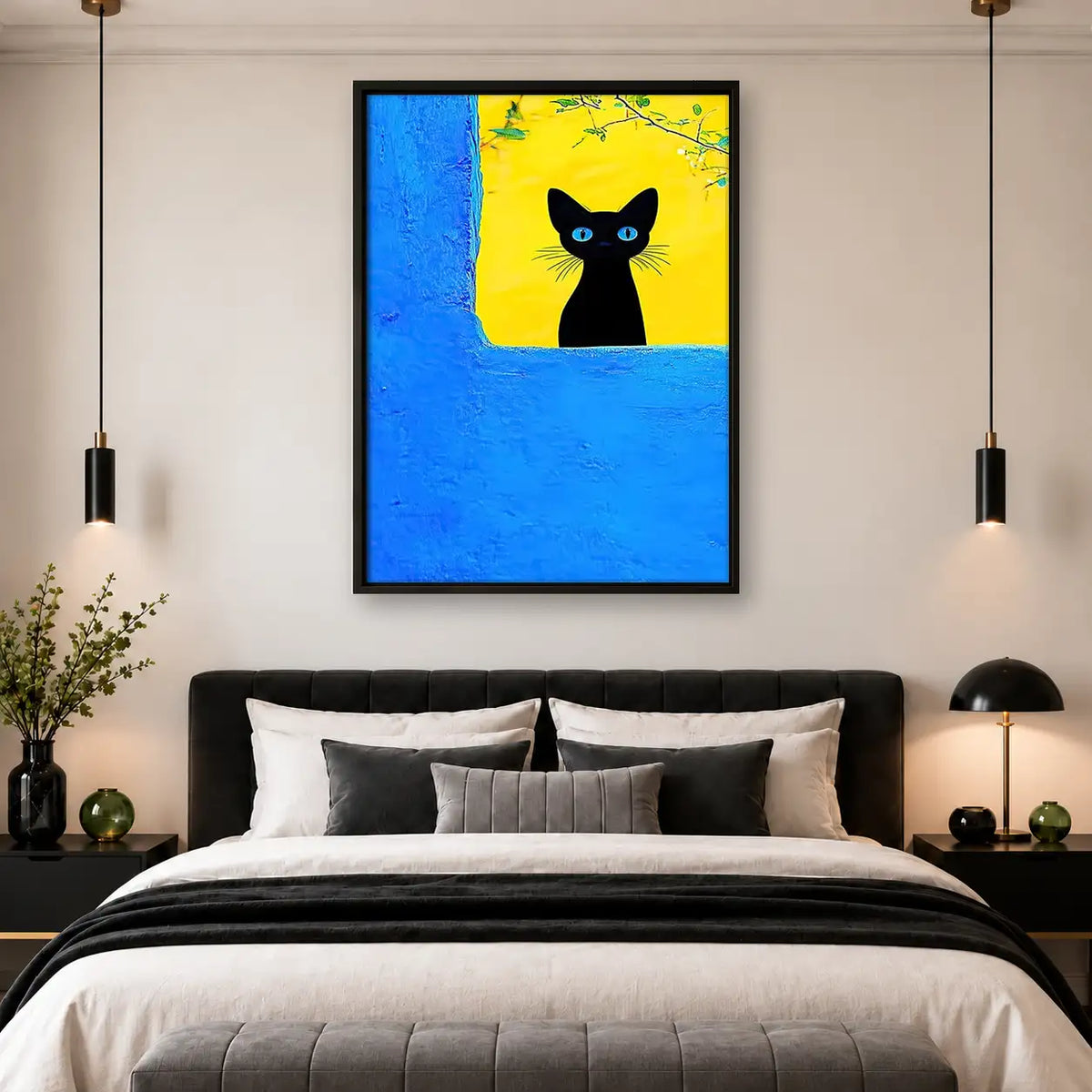 Black Cat Peeking from Blue Window Wall Art 4