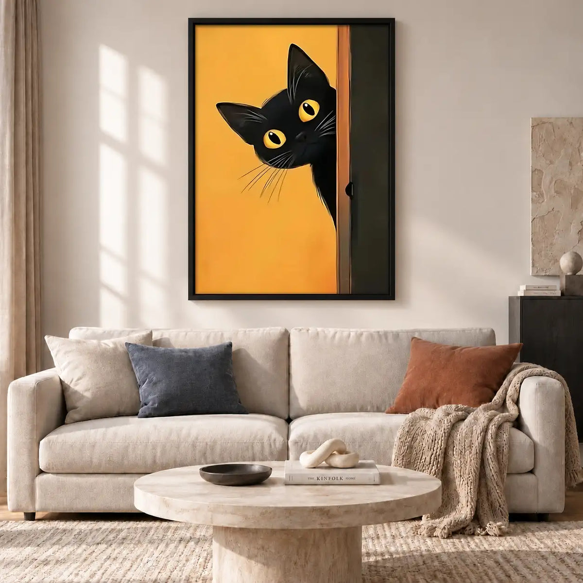 Black Cat Peeking on Orange Wall Art 2