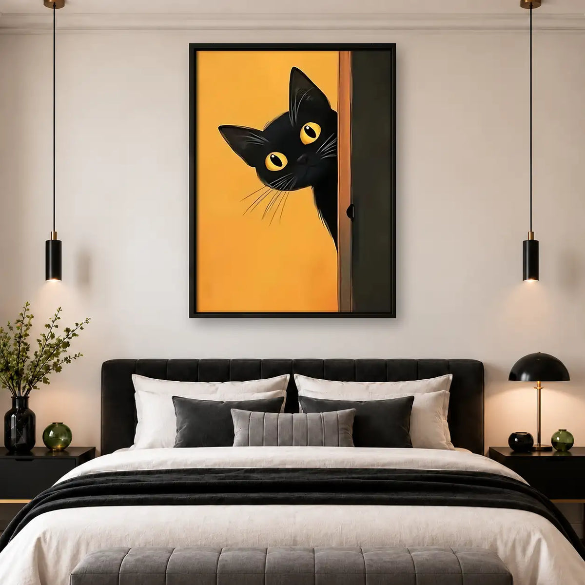 Black Cat Peeking on Orange Wall Art 4