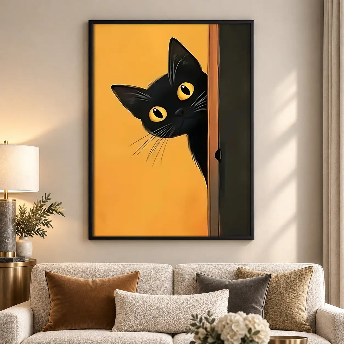 Black Cat Peeking on Orange Wall Art 5