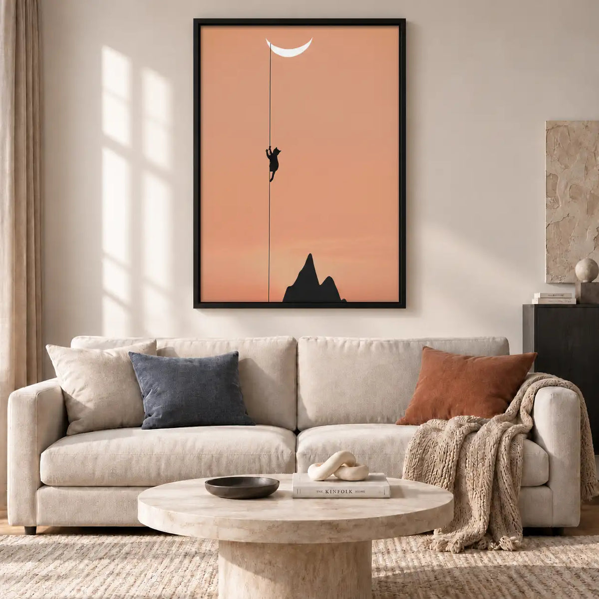 Black Cat Reaching Crescent Moon Wall Art 2