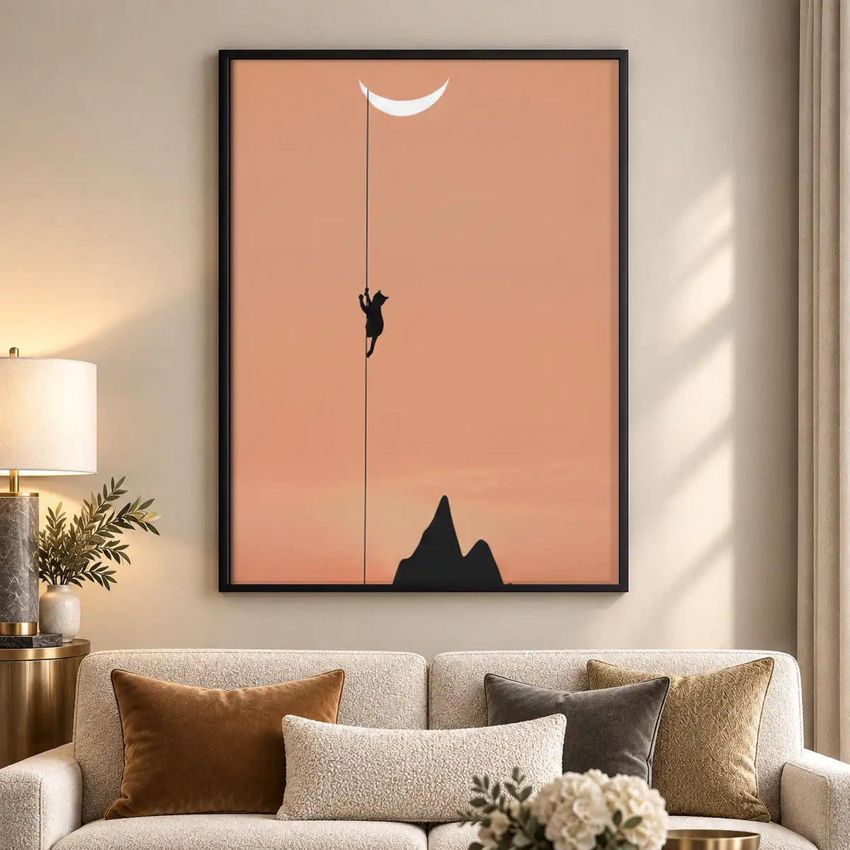 Black Cat Reaching Crescent Moon Wall Art 5