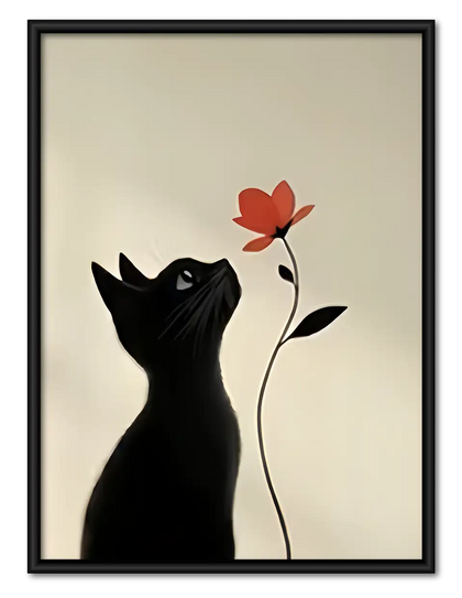 Black Cat Reaching for Red Flower Wall Art