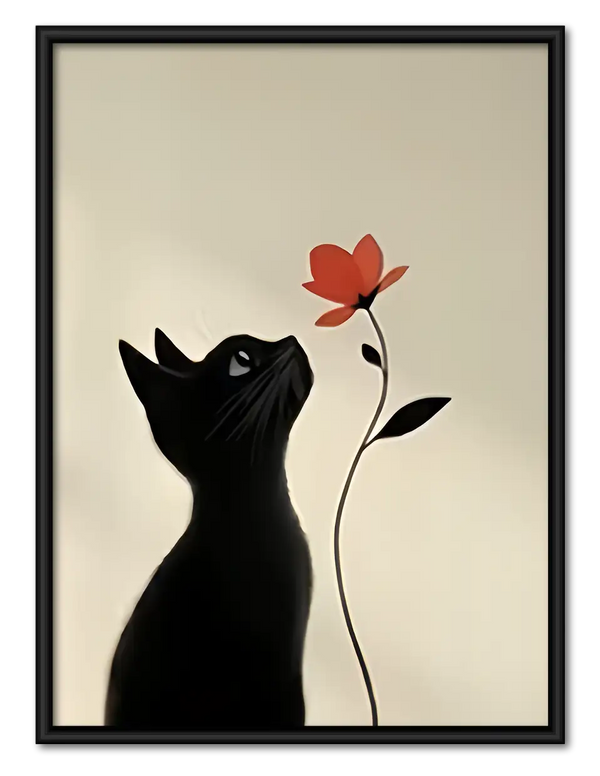 Black Cat Reaching for Red Flower Wall Art