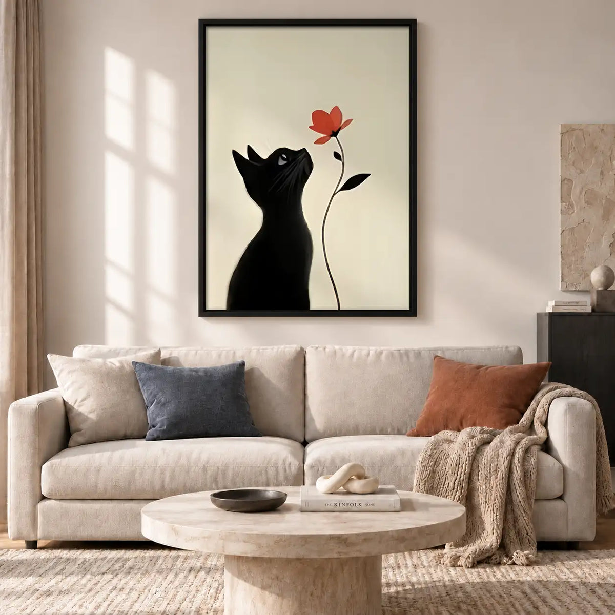 Black Cat Reaching for Red Flower Wall Art 2