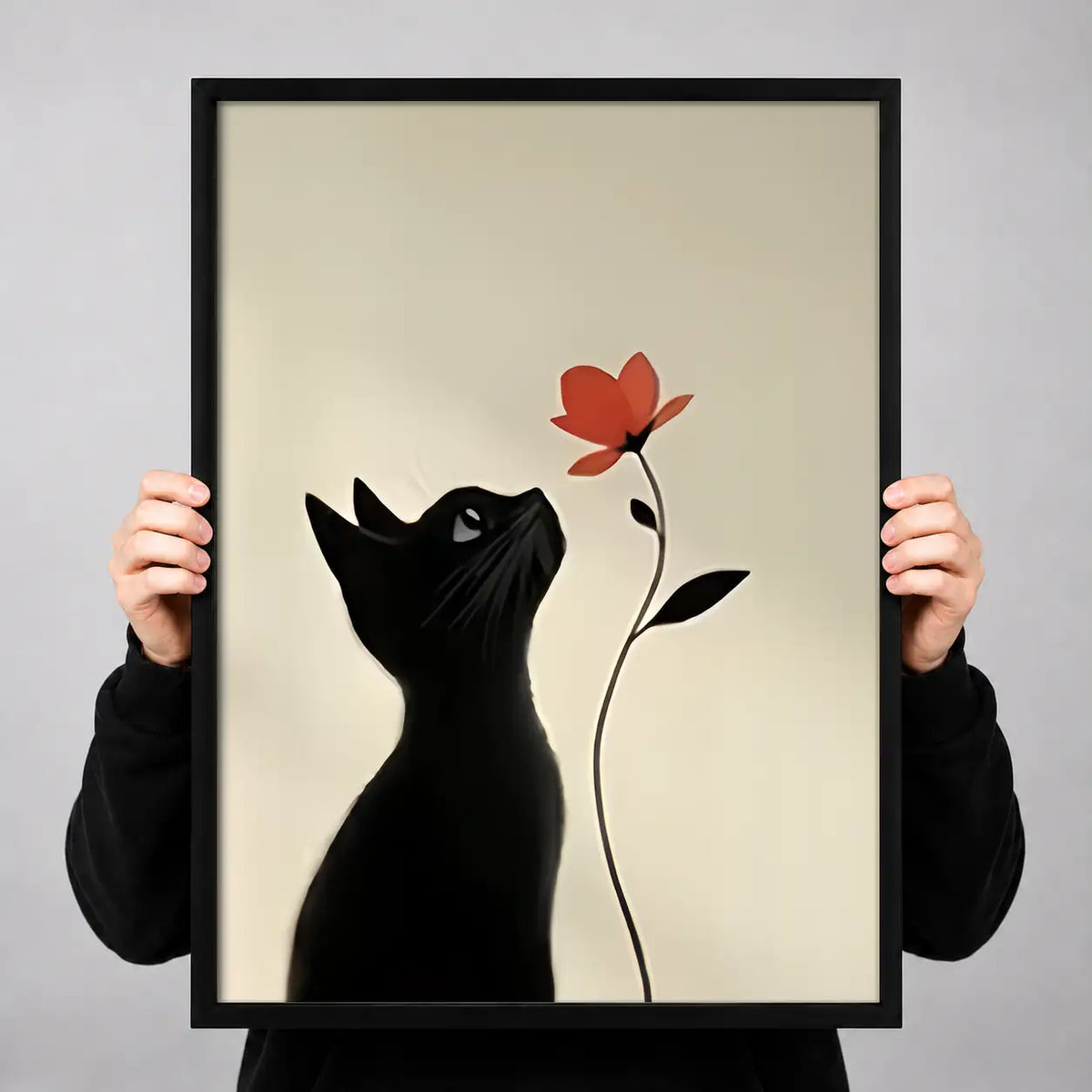 Black Cat Reaching for Red Flower Wall Art 3