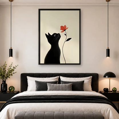 Black Cat Reaching for Red Flower Wall Art 4