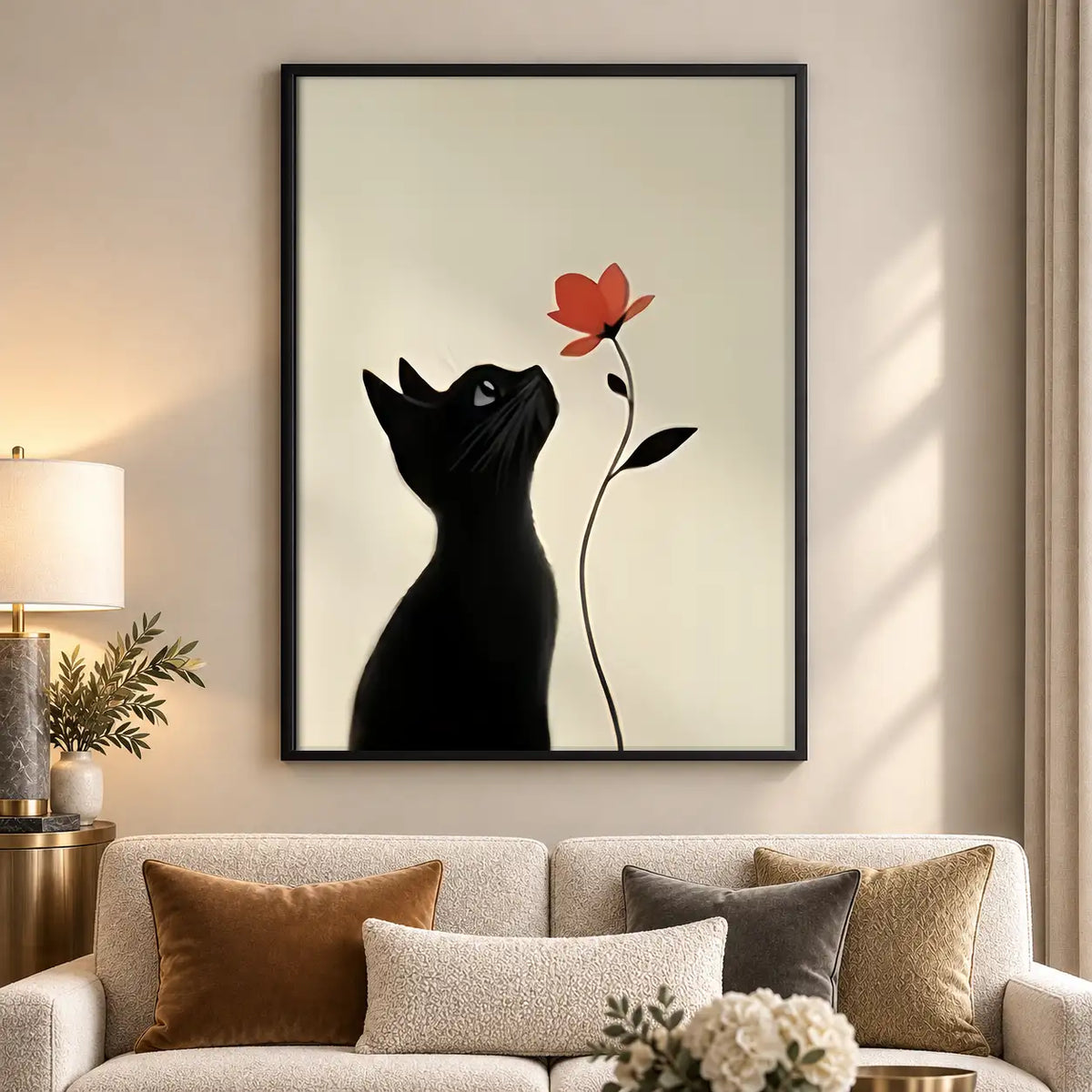 Black Cat Reaching for Red Flower Wall Art 5