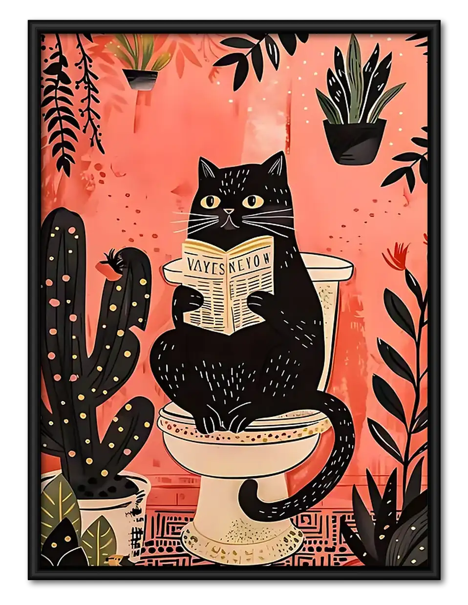 Black Cat Reading in Plant Bathroom Wall Art 1