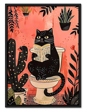Black Cat Reading in Plant Bathroom Wall Art