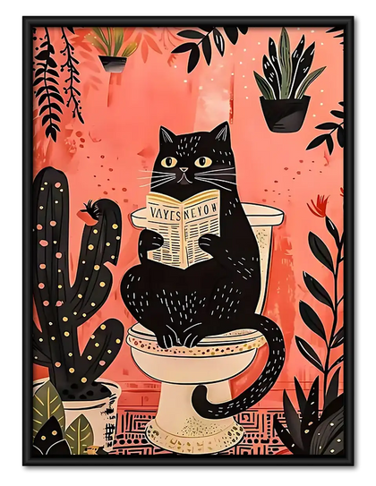 Black Cat Reading in Plant Bathroom Wall Art