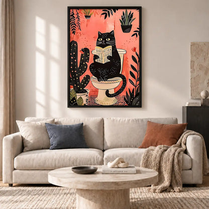Black Cat Reading in Plant Bathroom Wall Art 2