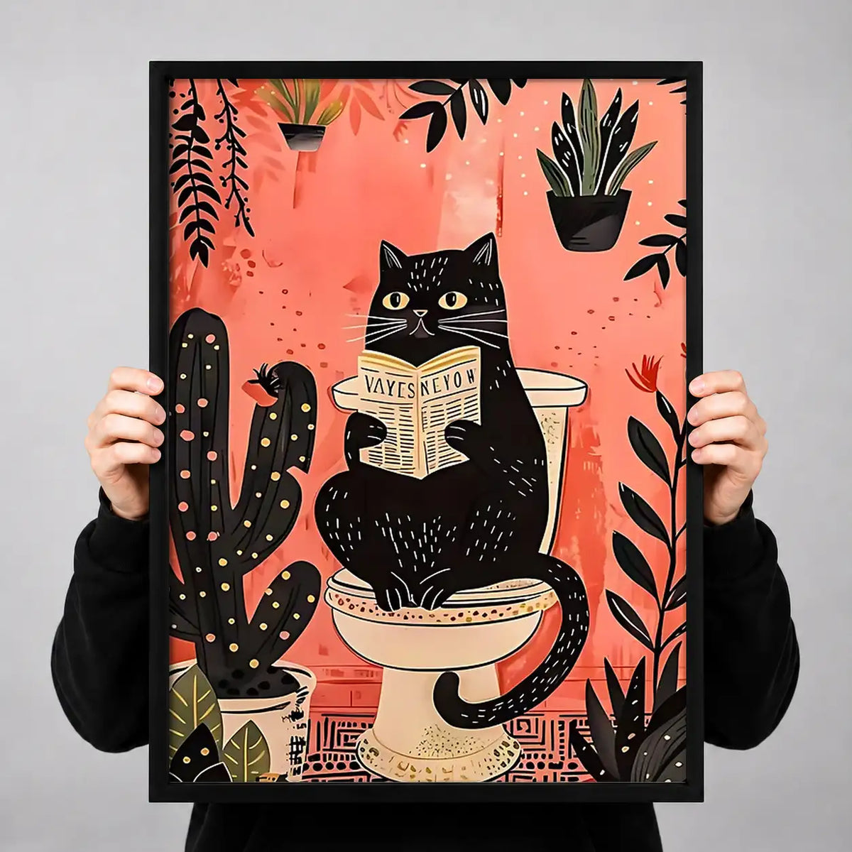 Black Cat Reading in Plant Bathroom Wall Art 3