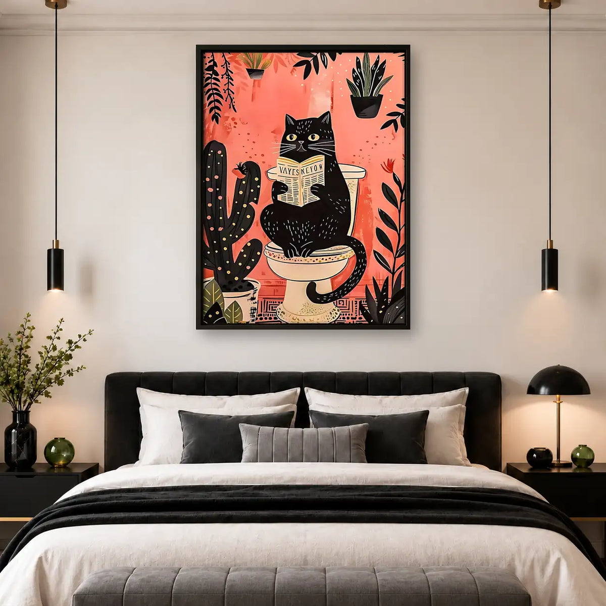 Black Cat Reading in Plant Bathroom Wall Art 4