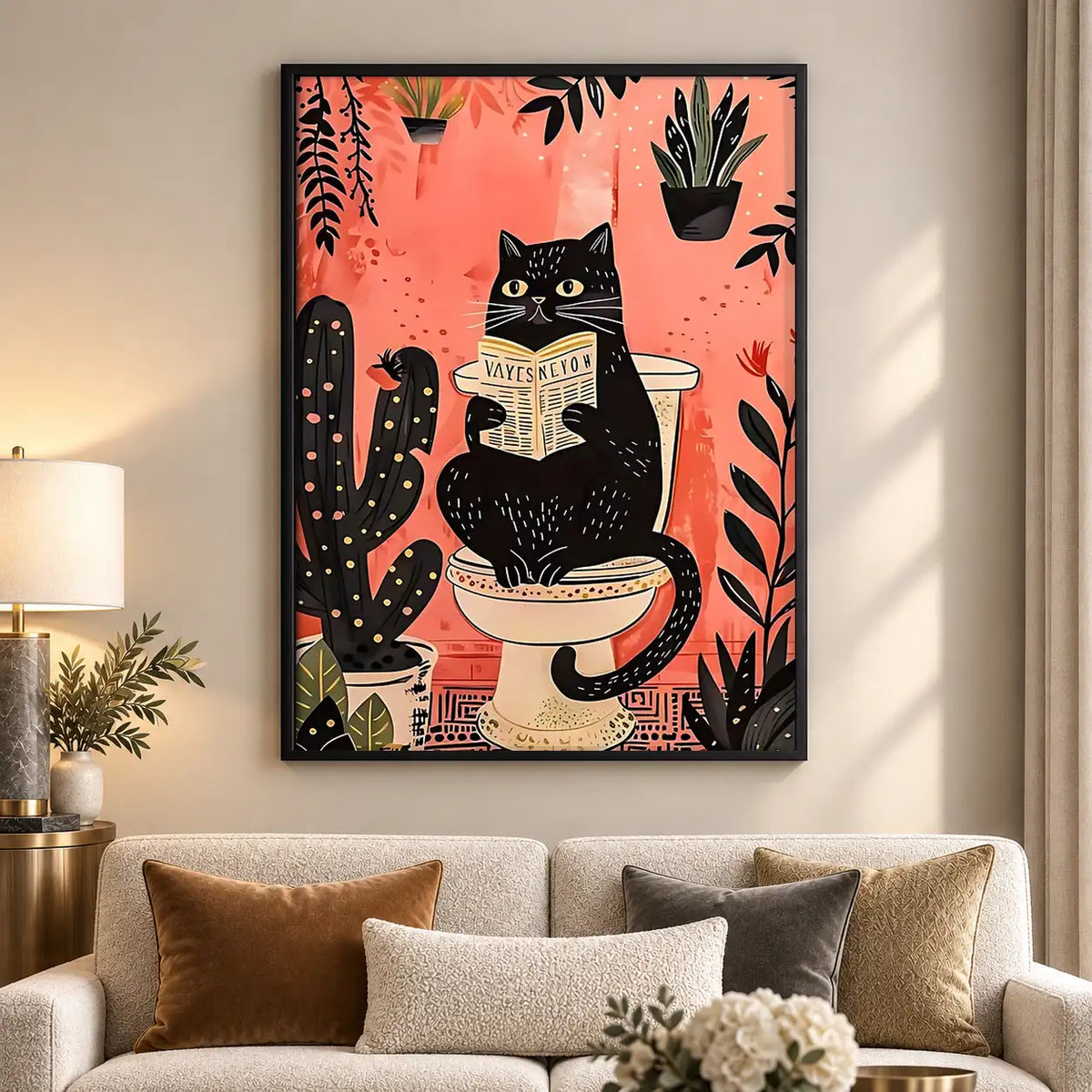 Black Cat Reading in Plant Bathroom Wall Art 5