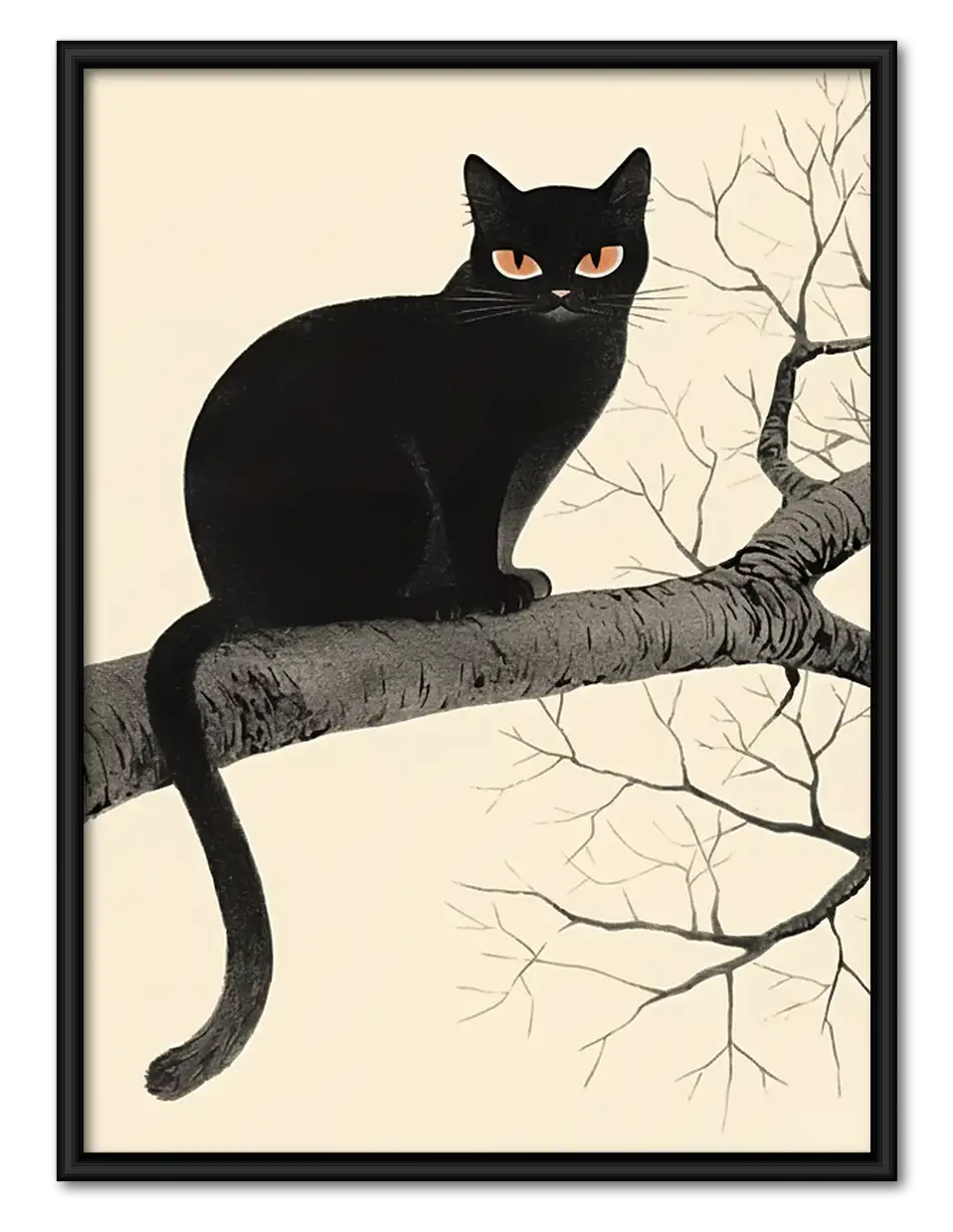 Black Cat Resting on Bare Branch Wall Art 1