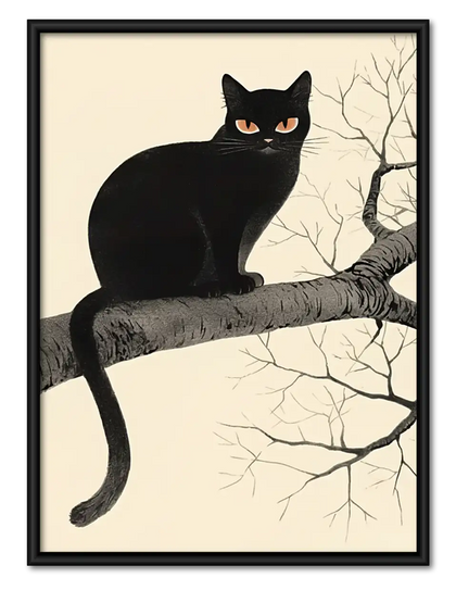 Black Cat Resting on Bare Branch Wall Art