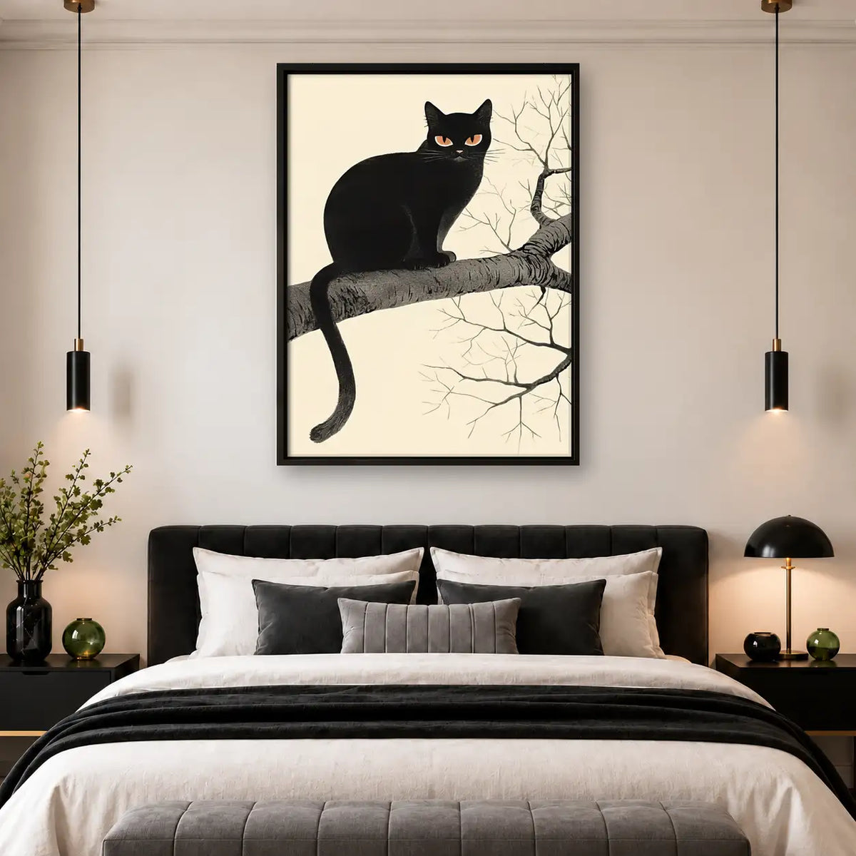 Black Cat Resting on Bare Branch Wall Art 4