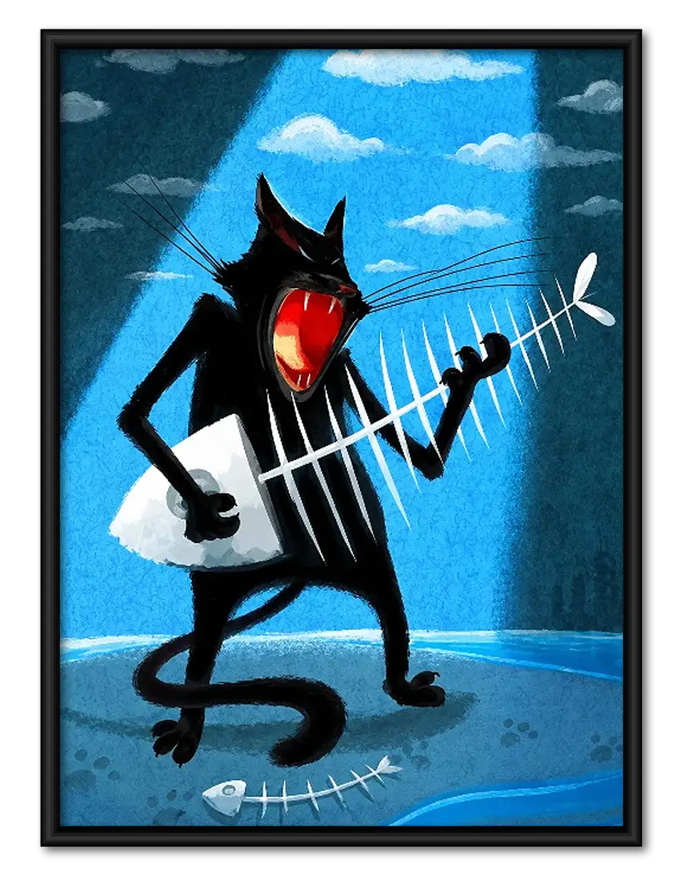 Black Cat Rock Guitarist on Blue Wall Art 1