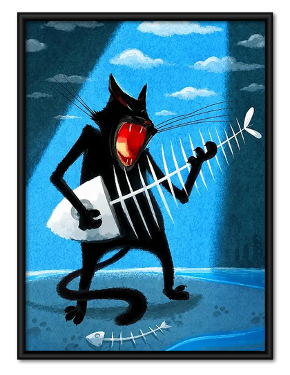 Black Cat Rock Guitarist on Blue Wall Art