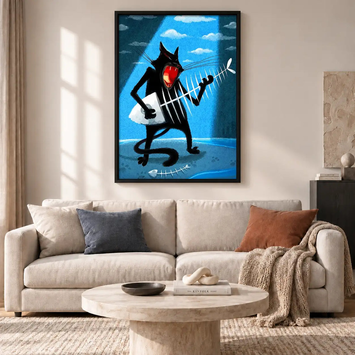 Black Cat Rock Guitarist on Blue Wall Art 2
