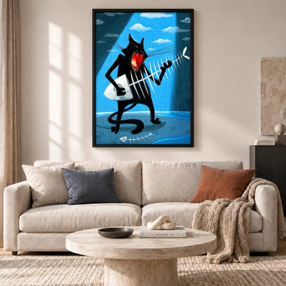 Black Cat Rock Guitarist on Blue Wall Art 2