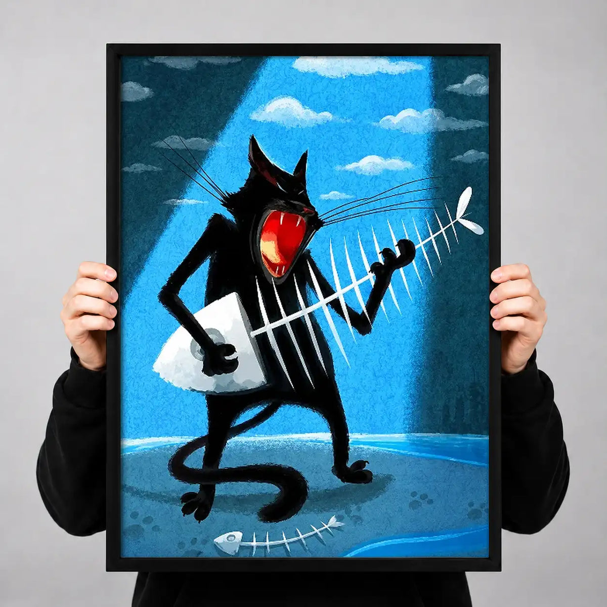 Black Cat Rock Guitarist on Blue Wall Art 3