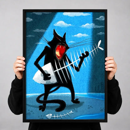 Black Cat Rock Guitarist on Blue Wall Art 3