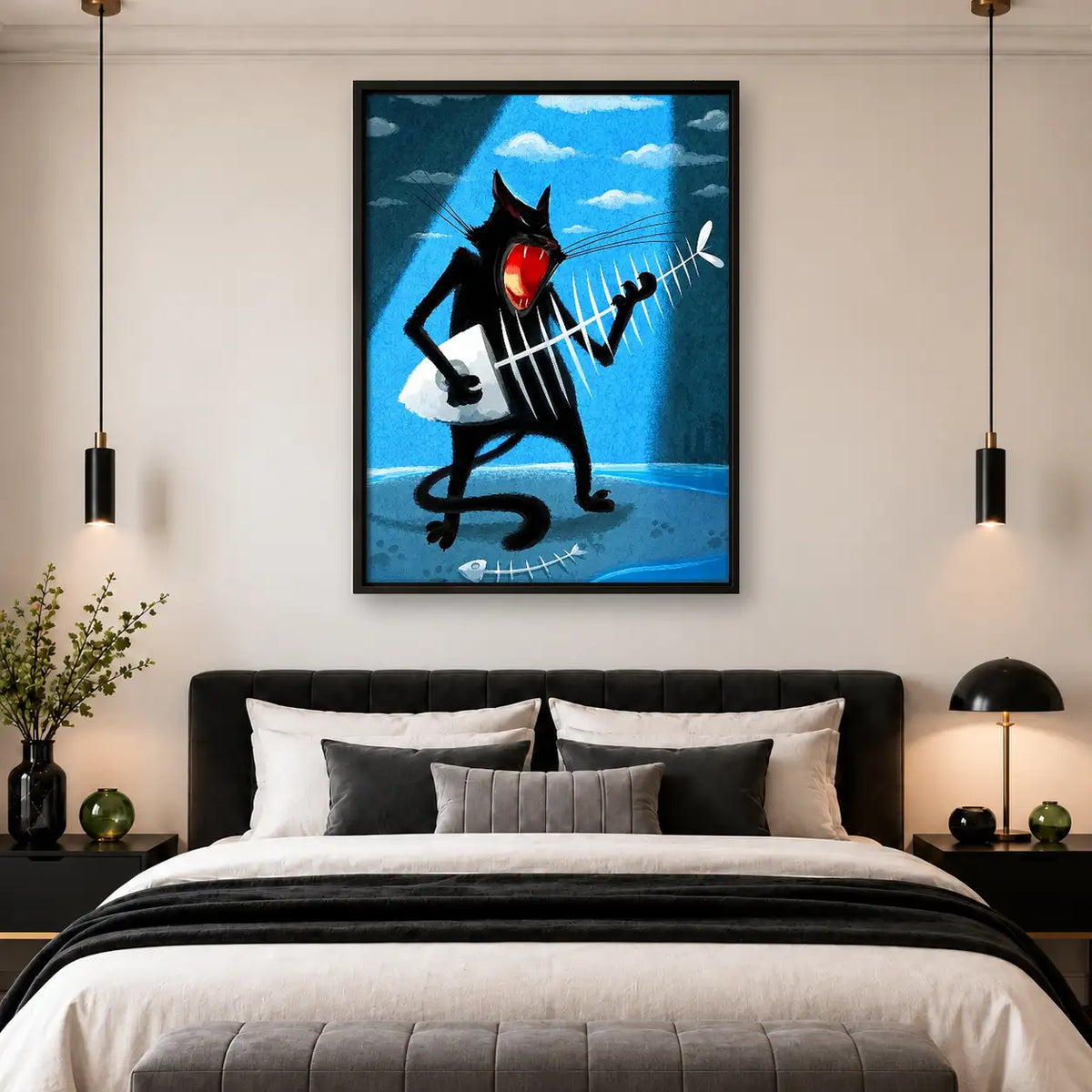 Black Cat Rock Guitarist on Blue Wall Art 4