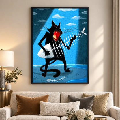 Black Cat Rock Guitarist on Blue Wall Art 5