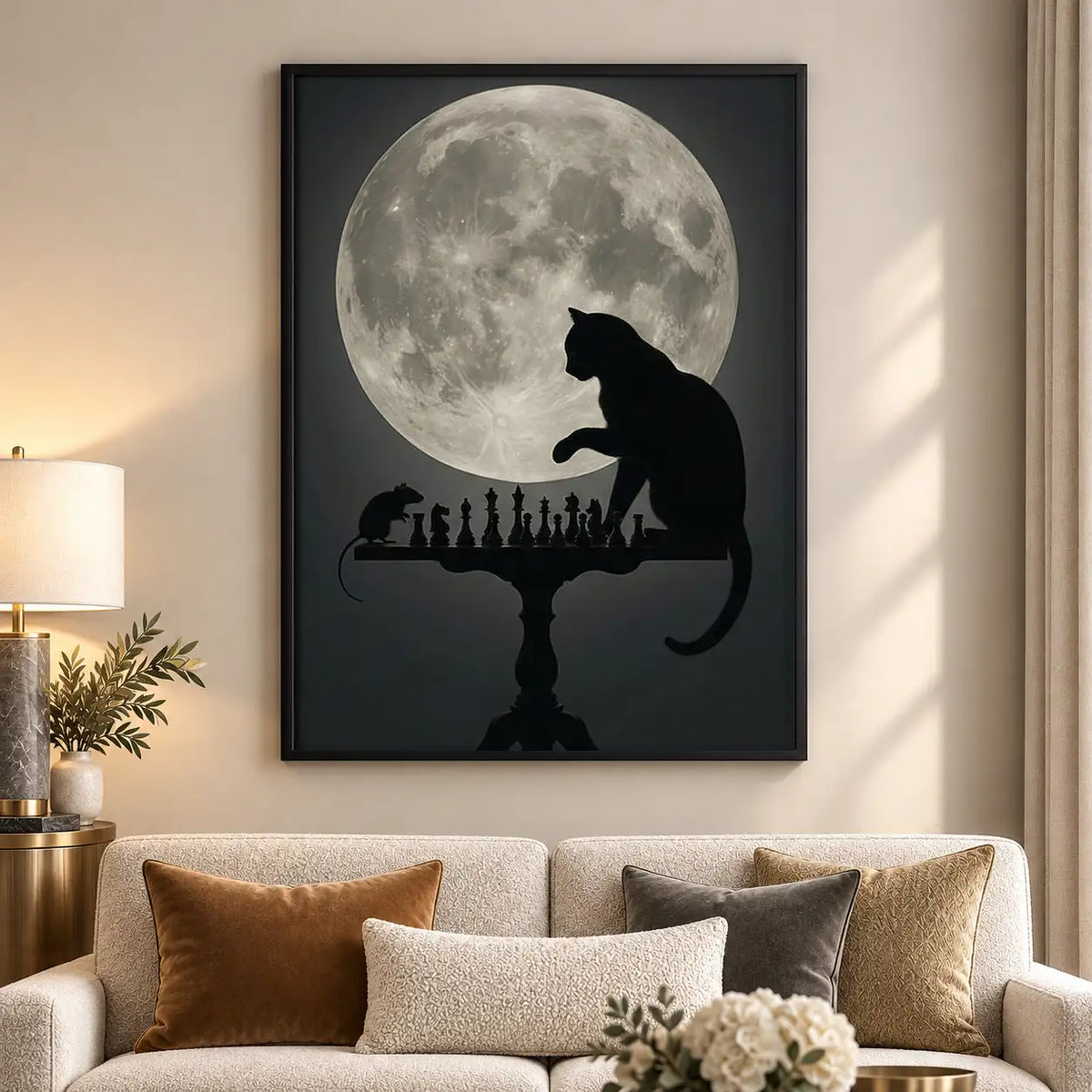 Black Cat Silhouette beneath Full Moon Wall Art 5
