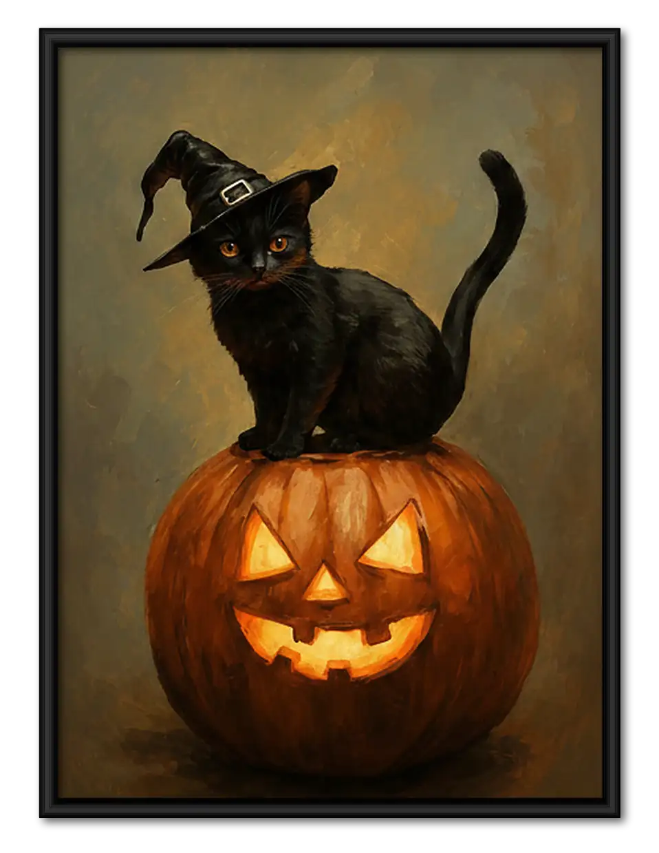 Black Cat Sitting on Jack O Lantern Wall Art 1