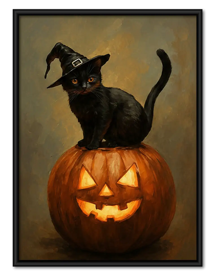 Black Cat Sitting on Jack O Lantern Wall Art