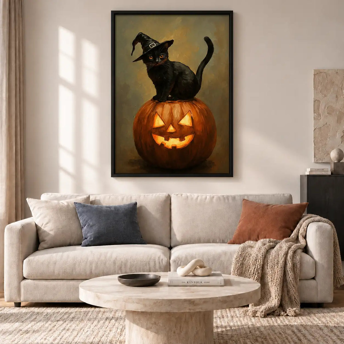 Black Cat Sitting on Jack O Lantern Wall Art 2