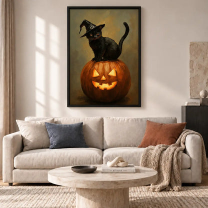 Black Cat Sitting on Jack O Lantern Wall Art 2