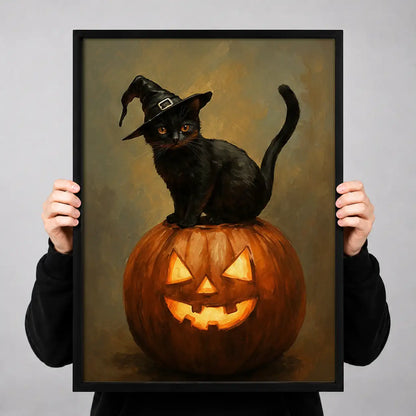 Black Cat Sitting on Jack O Lantern Wall Art 3